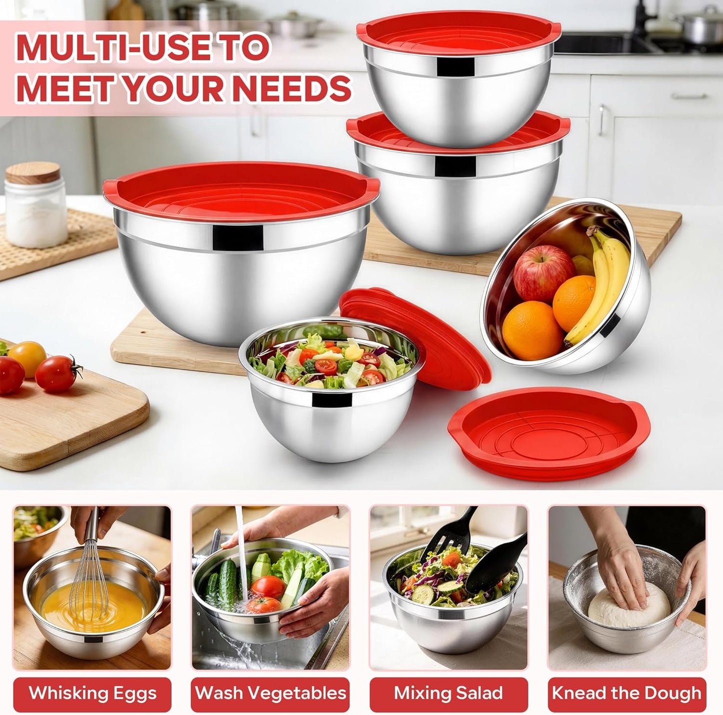 E-far Mixing Bowls with Lids, 6-Piece Stainless Steel Salad Bowls Metal Nesting Bowls for Baking Cooking and Prepping, Airtight Lids & Stackable Design, Size 4.5, 3, 1.5 QT (Black)