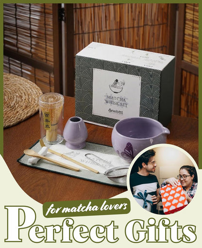 Onebttl Matcha Whisk Set Gifts, 8 Pcs Ceramic Matcha Kit Set Includes Matcha Bowl, Matcha Whisk and Holder, Bamboo Spoon and Scoop, Scoop Rest, Sifter and Tea Towel - Sunflower