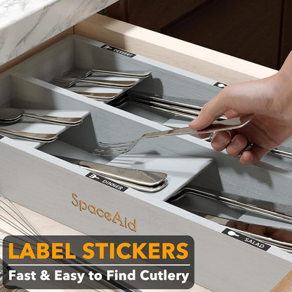 SpaceAid Bamboo Silverware Drawer Organizer with Labels, Kitchen Utensil Tray Holder Organizer for Flatware, Cutlery, Spoon and Knives Drawer Storage Organization (Natural, 6 Slots)