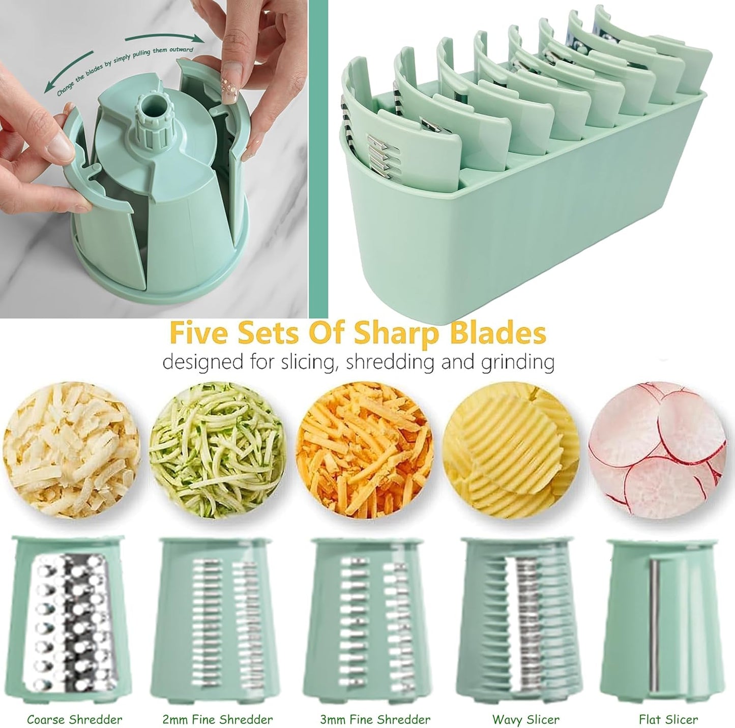 5-in-1 Rotary Cheese Grater Vegetable Slicer, 5 Interchangeable Blades Food Shredder with Anti-Slip Reinforced Suction Base, Kitchen Mandoline Chopper with Blade Storage Box (Green)