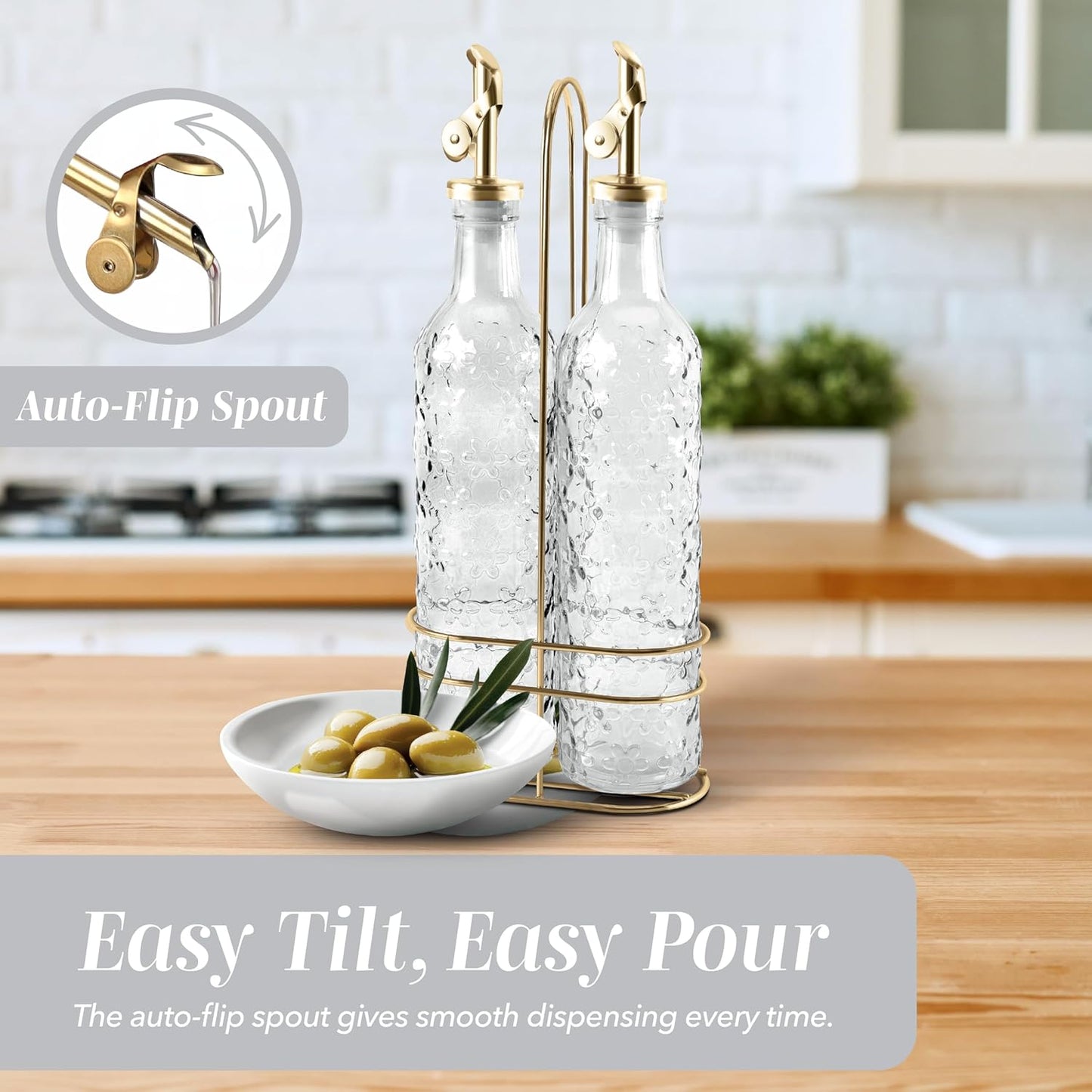 COOK WITH COLOR Glass Olive Oil Bottle Dispenser - 2 Pack- 17oz Oil and Vinegar Cruet - Olive Oil Carafe Decanter for Kitchen, Elegant Waves, Clear