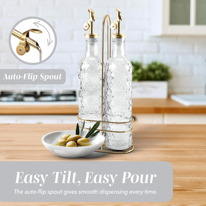 COOK WITH COLOR Glass Olive Oil Bottle Dispenser - 2 Pack- 17oz Oil and Vinegar Cruet - Olive Oil Carafe Decanter for Kitchen, Elegant Waves, Clear