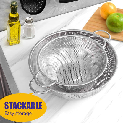 E-far Stainless Steel Colander Set of 3 (1-3-5Quart), Micro-Perforated Metal Colander Strainer with Handle for Kitchen/Draining Pasta/Rinsing Vegetables Fruits, Heavy Duty & Dishwasher Safe