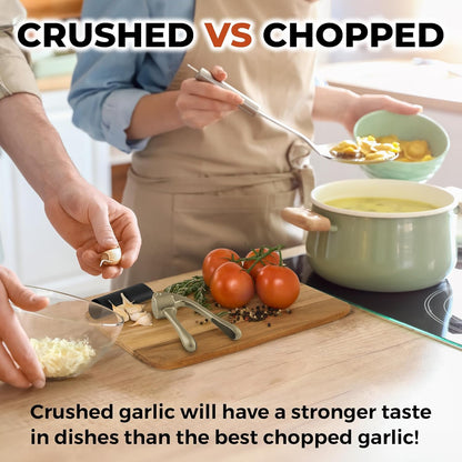 Zulay Kitchen Premium Garlic Press Set - Rust Proof Professional Garlic Mincer Tool - Easy-Squeeze, Easy-Clean with Soft, Ergonomic Handle - Silicone Garlic Peeler & Brush (Silver)