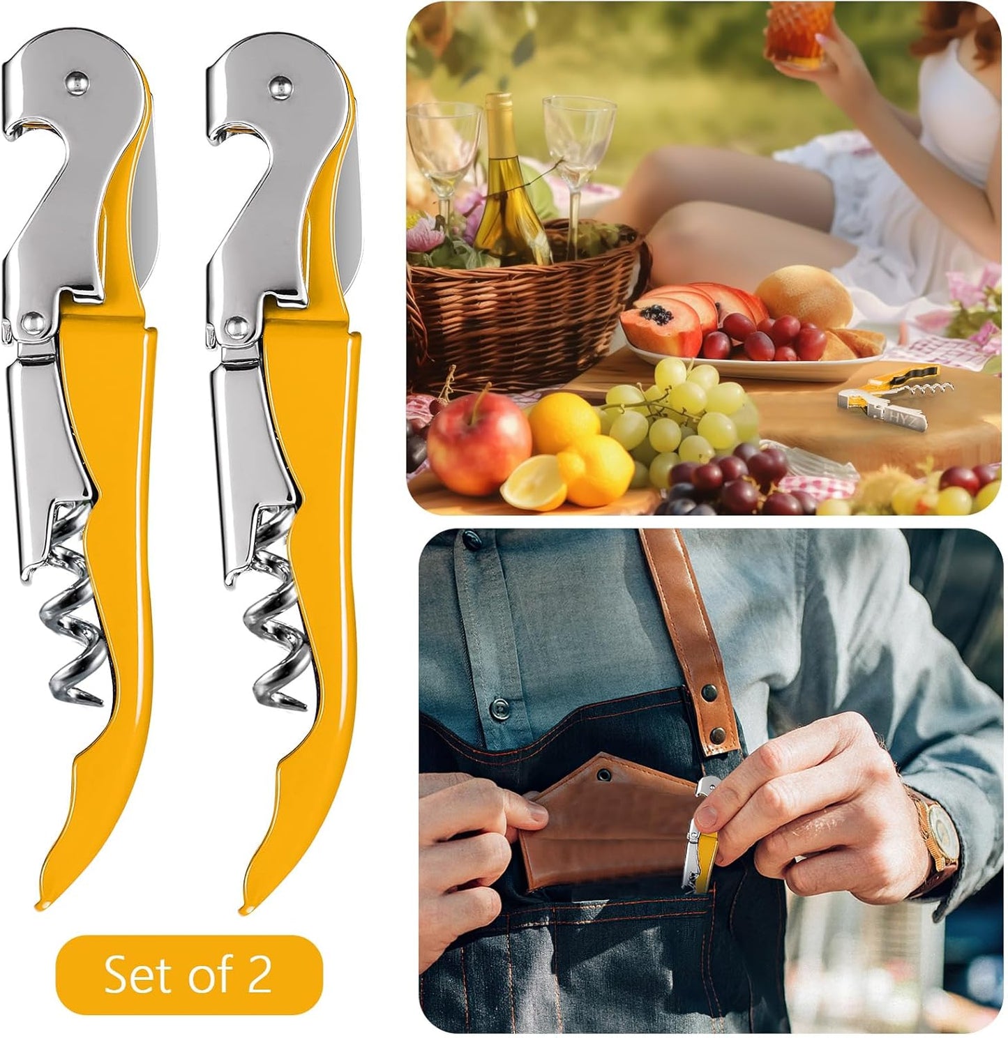 HYZ 2-Pack Wine Opener Waiter Corkscrew, Professional Wine Key for Servers, Bartender, with Foil Cutter, Manual Wine Bottle Opener Double Hinged (Black)