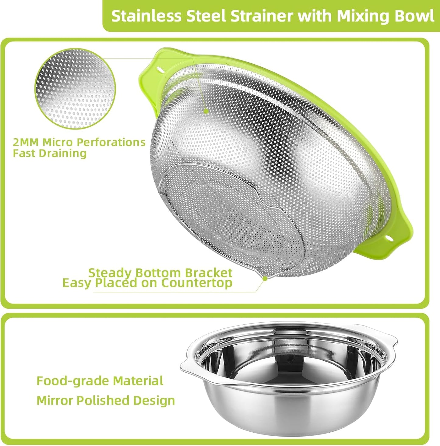 Colander Stainless Steel Microporous, 2QT Rice Strainer with Mixing Bowl, Rice Washer Bowl Set with Handle, Food-Grade Strainers and Colanders for Kitchen, Pasta, Fruit, Dishwasher Safe