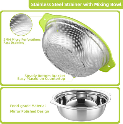 Colander Stainless Steel Microporous, 2QT Rice Strainer with Mixing Bowl, Rice Washer Bowl Set with Handle, Food-Grade Strainers and Colanders for Kitchen, Pasta, Fruit, Dishwasher Safe