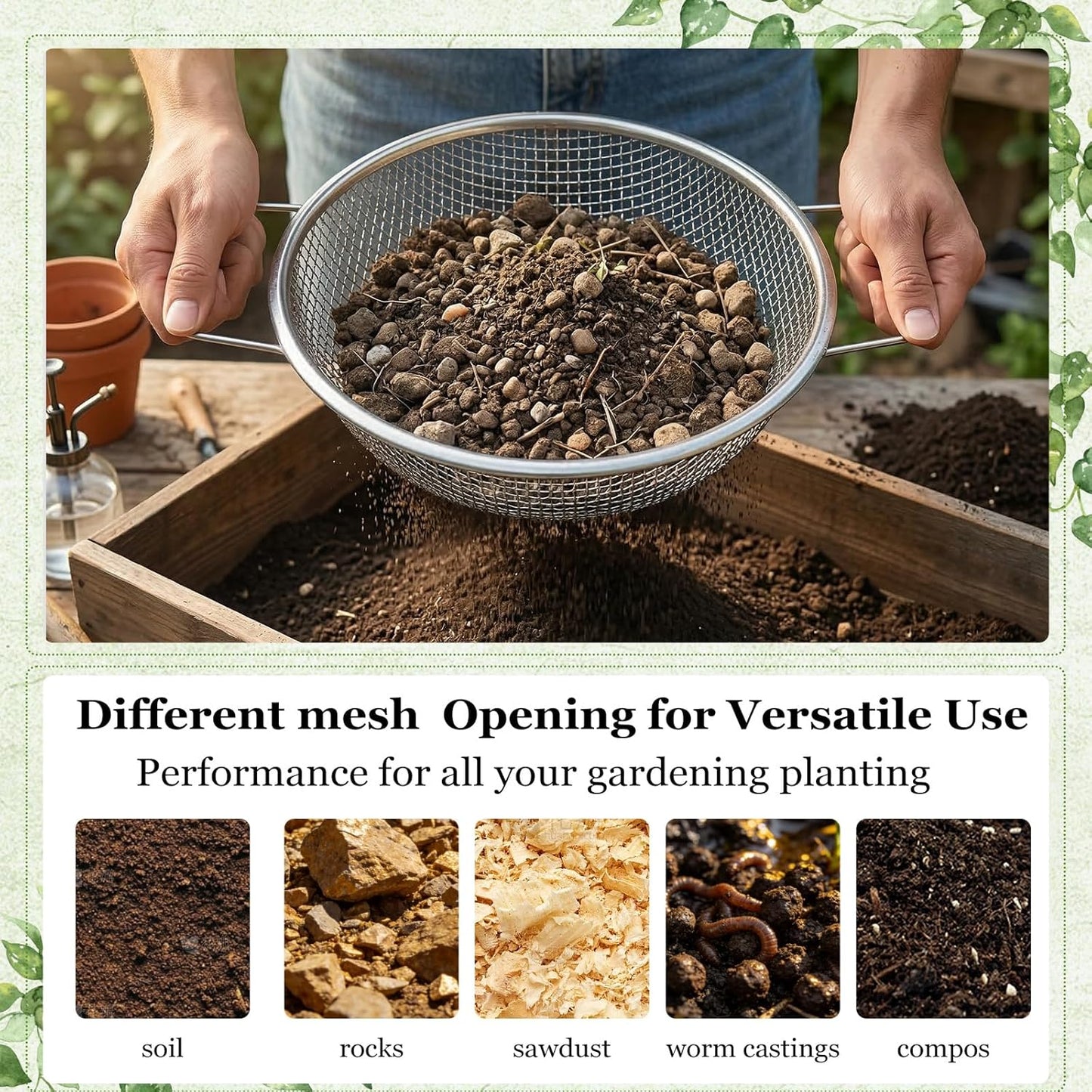2PCS Soil Sifter for Gardening with Handle,Stainless Steel Rock Compost Soil Sifter for 5 Gallon Bucket,1/4in,1/8in Mesh Garden Sifting Screen Gravel Sawdust Vermicompost with Repotting Mat