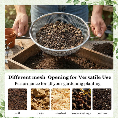 2PCS Soil Sifter for Gardening with Handle,Stainless Steel Rock Compost Soil Sifter for 5 Gallon Bucket,1/4in,1/8in Mesh Garden Sifting Screen Gravel Sawdust Vermicompost with Repotting Mat