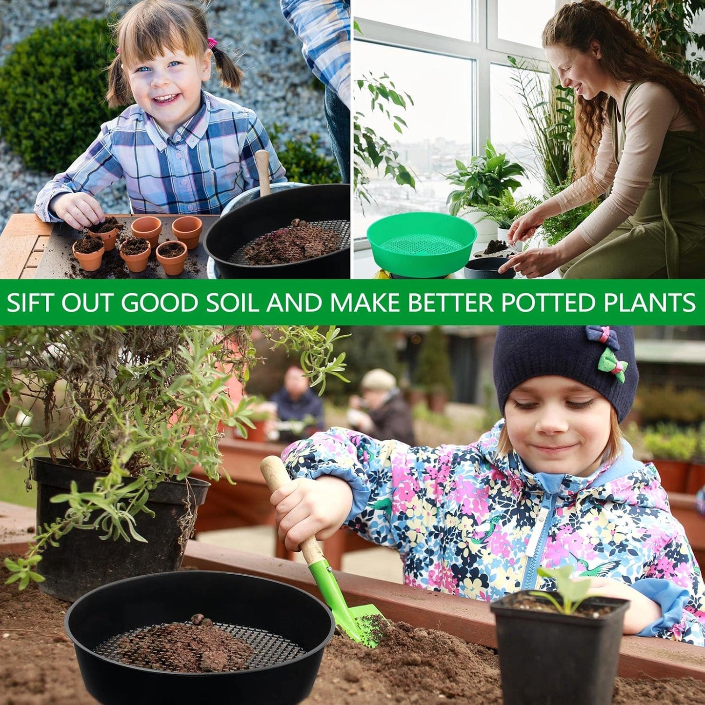 4 Pack Garden Soil Compost Sifter Round Plastic Sand Sieve, Sifting Pan Set for Gardening Home Plant Work with Small Rocks Gravel Sand