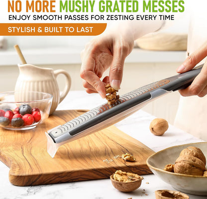 Spring Chef Premium Lemon Zester Grater with Handle - Fruits, Garlic, Chocolate, Nutmeg, Ginger Grater - Heavy Duty Kitchen Tool - Stainless Steel Citrus Zester with Blade Cover - Fine Shred, Black