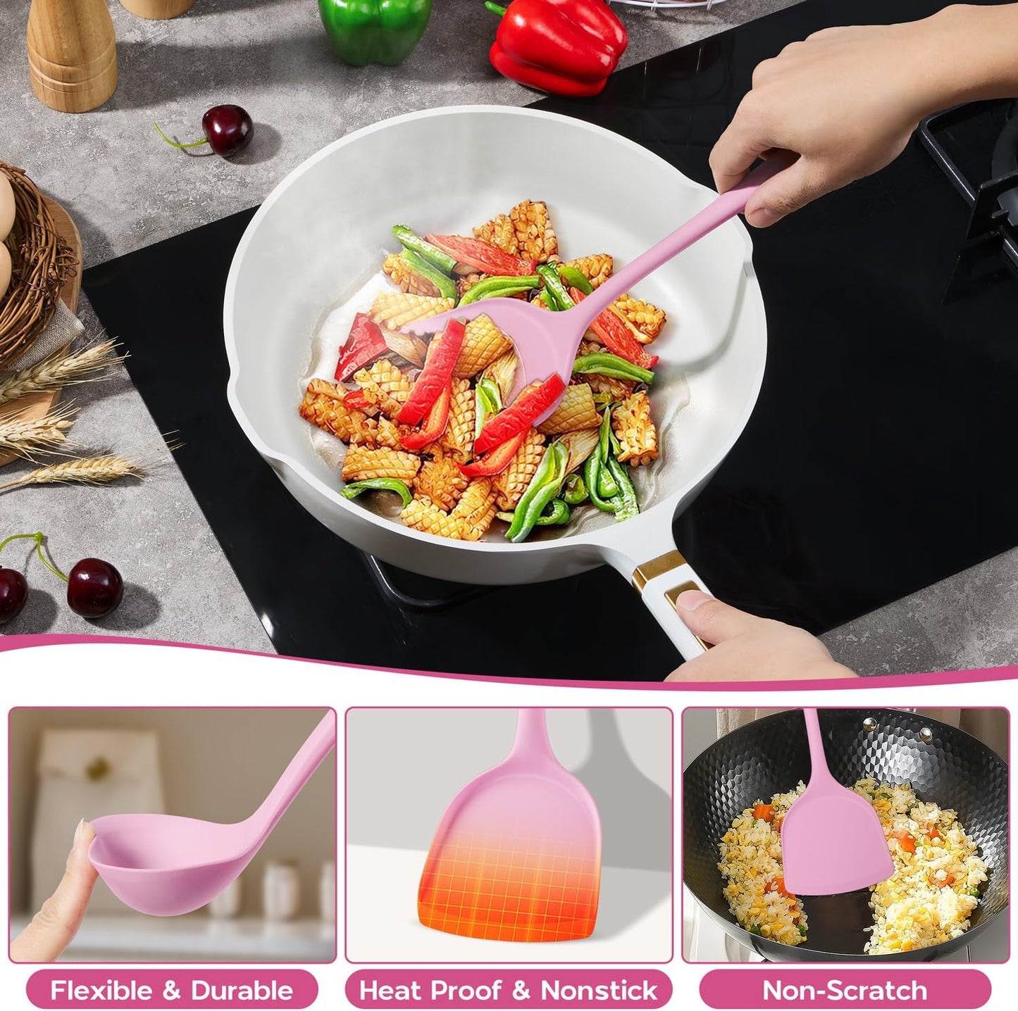 Onader Silicone Cooking Utensils Set of 10, Kitchen Utensils for Nonstick Cookware, Heat Resistant & Nontoxic Spatula Set- Khaki