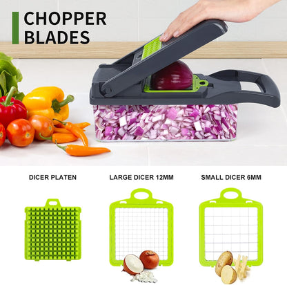 Vegetable Chopper Mandoline Slicer,Veggie Chopper, Multifunctional 10 in 1 Food Choppers, Kitchen Vegetable Slicer Dicer Cutter,Onion Mincer,Cheese,Colander Basket,Kitchen Gadgets (Gray/Green)