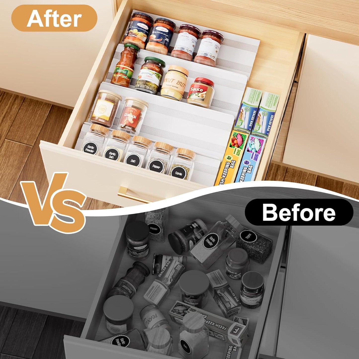8-Pack Spice Drawer Organizer, Expandable Acrylic Seasoning Rack (13" to 26") with Anti-Slip Mat, Kitchen Spice Rack Holds up to 56 Jars (Jars Not Included)