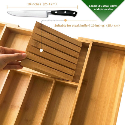 VaeFae Bamboo Silverware Drawer Organizer Kitchen, Expandable Utensil Organizer with Knife Block, Cutlery Tray with Divider, Multifunctional Drawer Organizer (Black)