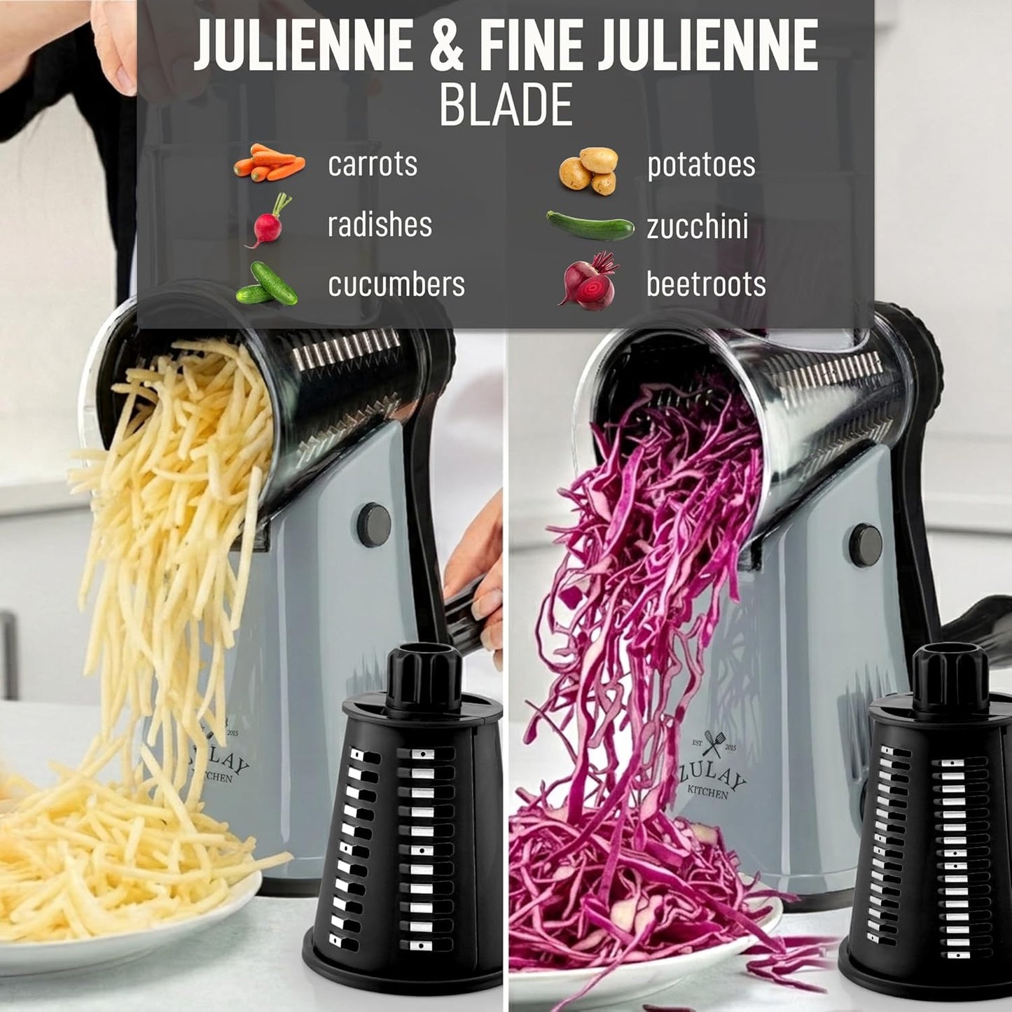 Zulay Kitchen Rotary Cheese Grater 5 Blade Cheese Shredder - Manual Hand Crank Cheese Grater With Reinforced Suction & 5 Interchangeable Drums - Easy to Use, Vegetable Chopper Round Mandoline Slicer - Colors B