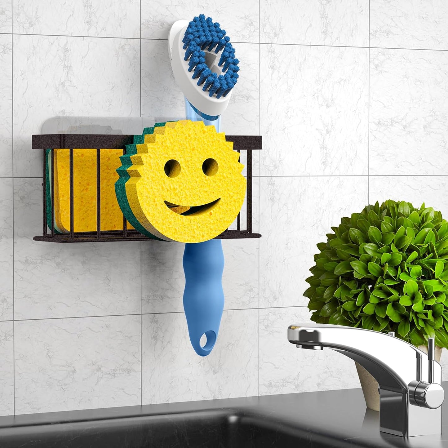 MURLONG Sponge Holder Smiley Face, Sink Organizer with 2 Suction Cups/1 Adhesive Strips, Designed for Sponge, Soap, Dish Brush, Scrubber - Black