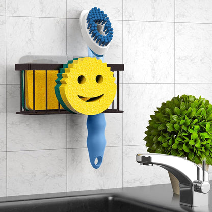 MURLONG Sponge Holder Smiley Face, Sink Organizer with 2 Suction Cups/1 Adhesive Strips, Designed for Sponge, Soap, Dish Brush, Scrubber - Black
