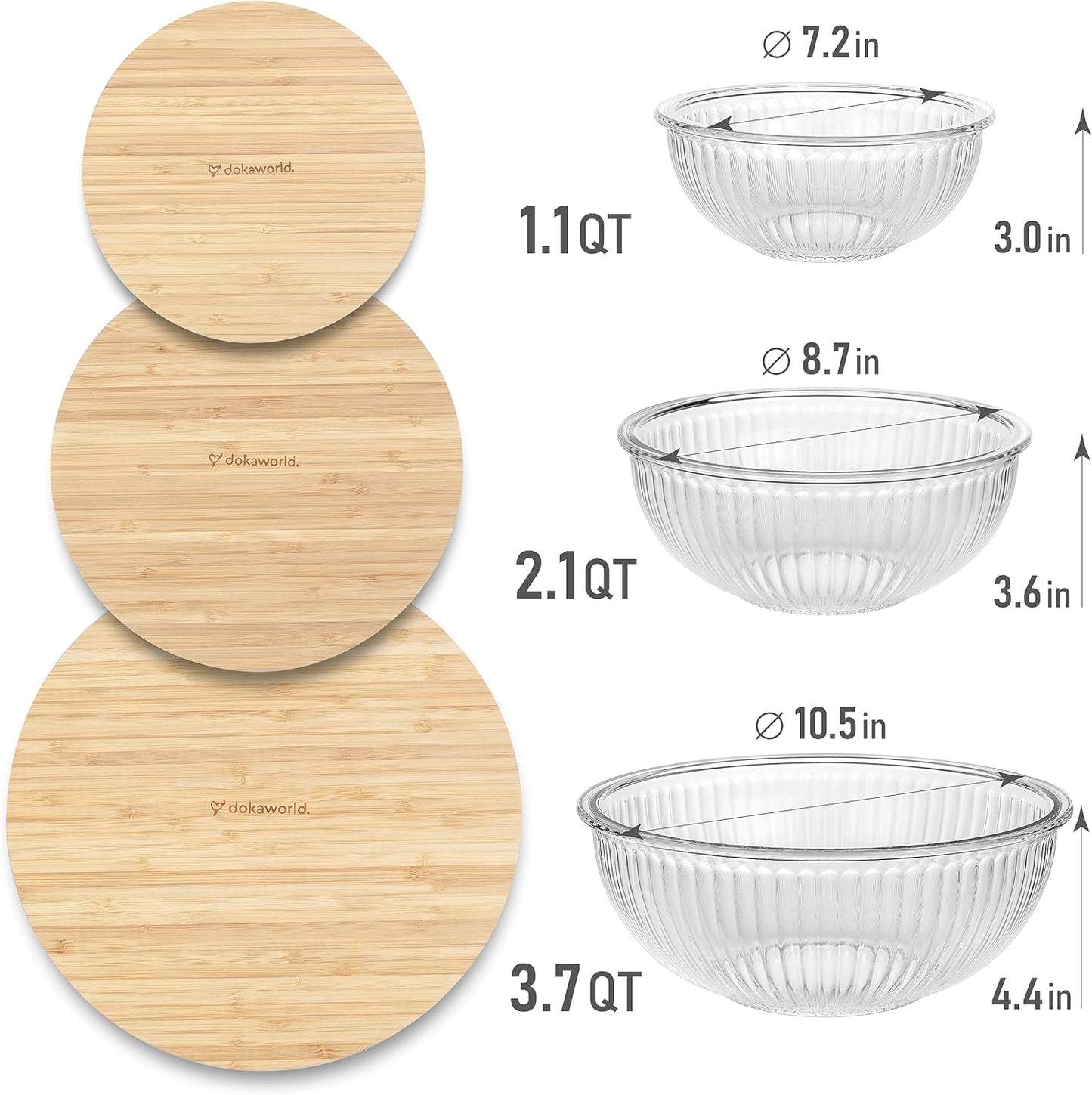 Set of 5 Nesting Glass Bowls with New Updated Acacia Lids for Foodprep, Storage, Mixing & Cooking - Microwave & Oven-ready BPA Free Durable Heat Resistant Inert Borosilicate Glass