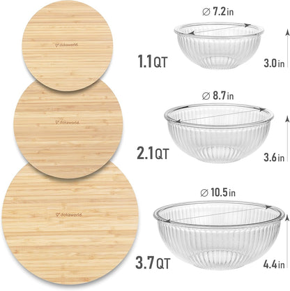 Set of 5 Nesting Glass Bowls with New Updated Acacia Lids for Foodprep, Storage, Mixing & Cooking - Microwave & Oven-ready BPA Free Durable Heat Resistant Inert Borosilicate Glass