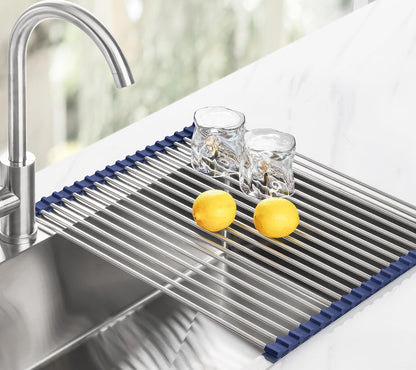 Tomorotec 17.7" x 15.5" Roll Up Dish Drying Rack Over Sink Drying Rack Sink Cover Kitchen Sink Accessories Gadget Multipurpose Organizer Foldable Stainless Steel Drainer