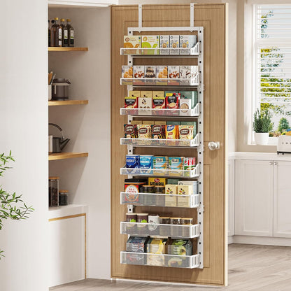 POKIPO Over the Door Pantry Organizer 8-Tier, Large Metal Door Spice Rack with Adjustable Basket, 2 in 1 Wall Mount or Hanging Heavy-Duty Pantry Door Storage Shelf for Kitchen and Bathroom, White