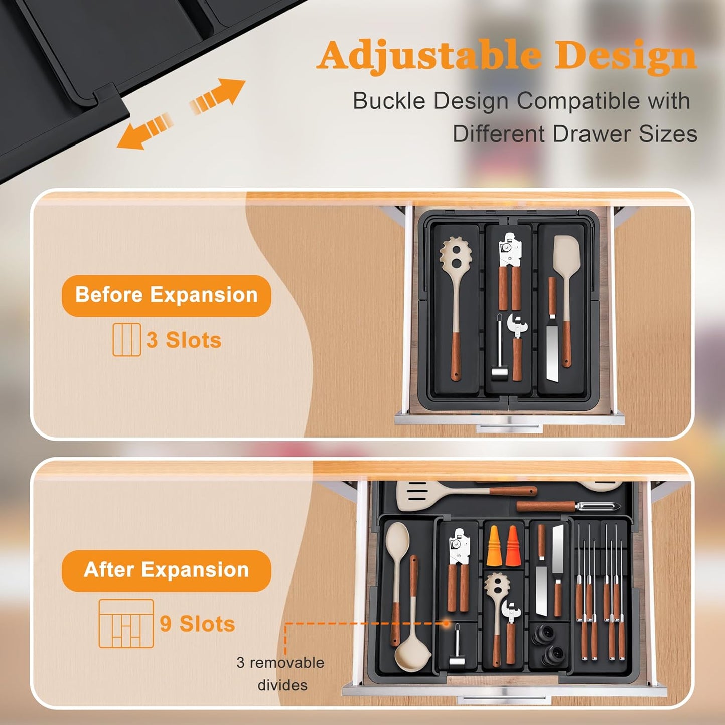 Large Utensil Drawer Organizer for Kitchen, Expandable Silverware Organizer Utensil Holder, Cutlery and Flatware Cooking Tray, Kitchen Drawer Organizers and Storage with Removable Knife Block, Black