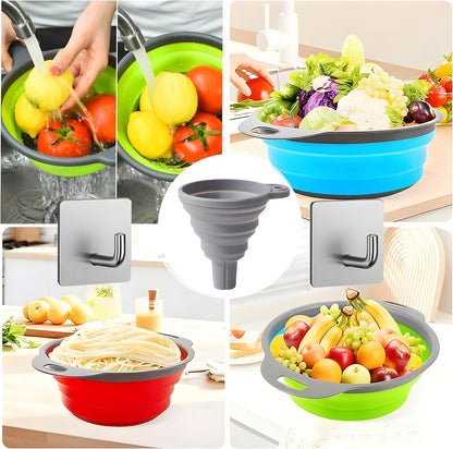UVB Foldable Silicone Colander with 2 Stainless Steel Hooks & Collapsible Funnel, Kitchen Strainer Basket for Pasta, Fruit and Vegetables, Space Saving Sink Colander for Home Kitchen – Red