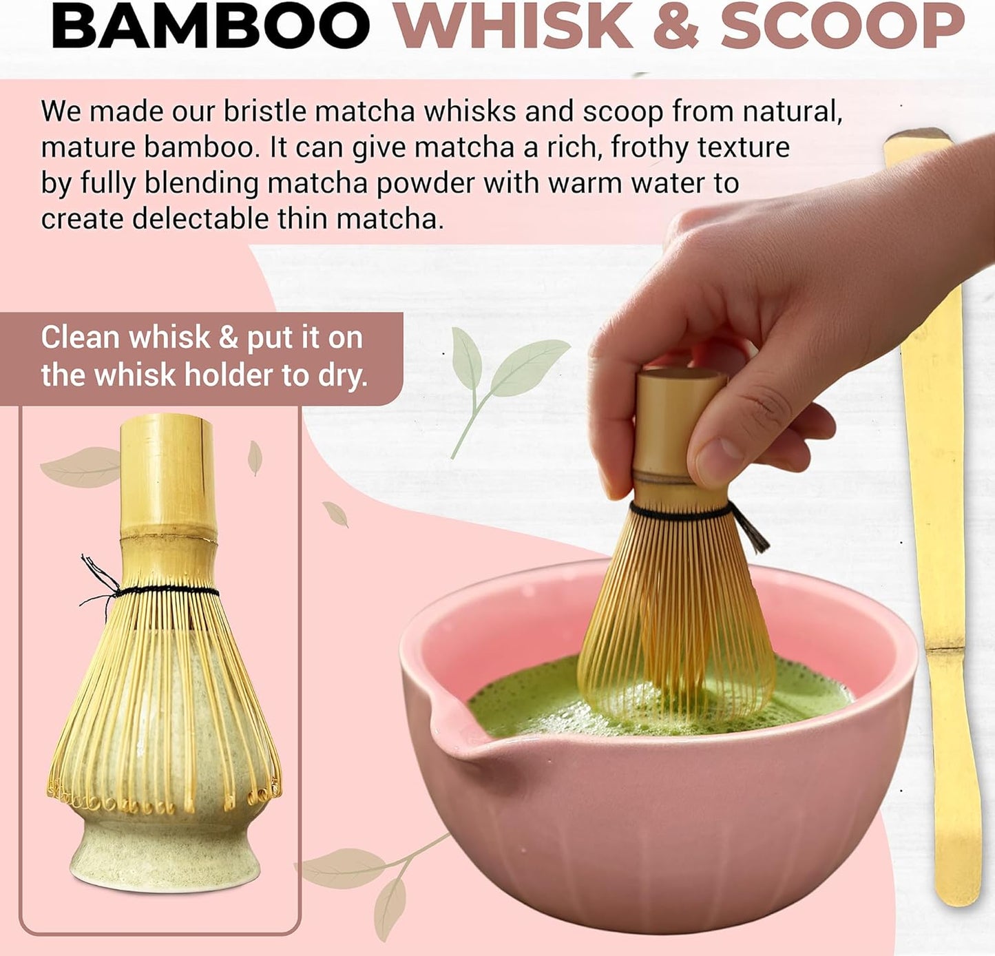 Matcha Whisk Set with Matcha Bowl - Matcha Set Included Electric Frother, Bamboo Whisk, Matcha Spoon, Bamboo Holder, Sifter, Spoon Stand (Blossom Pink)