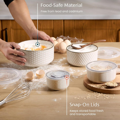 KooK Serving Bowls, with Lids, Ceramic Nesting Bowls, Set of 4, Embossed, Kitchen, Prep, Stackable, Gift, Microwave and Dishwasher Safe, 16/29/47/70 oz, Narbonne Collection (Ivory)