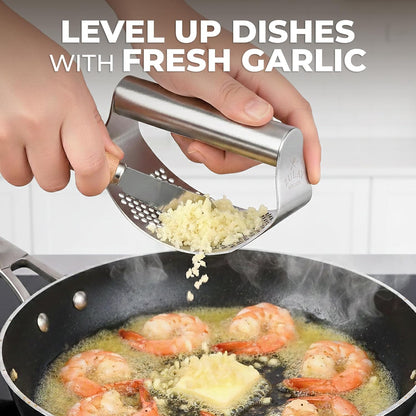 Zulay Kitchen Premium Garlic Press Set - Rust Proof Professional Garlic Mincer Tool - Easy-Squeeze, Easy-Clean with Soft, Ergonomic Handle - Silicone Garlic Peeler & Brush (Silver)