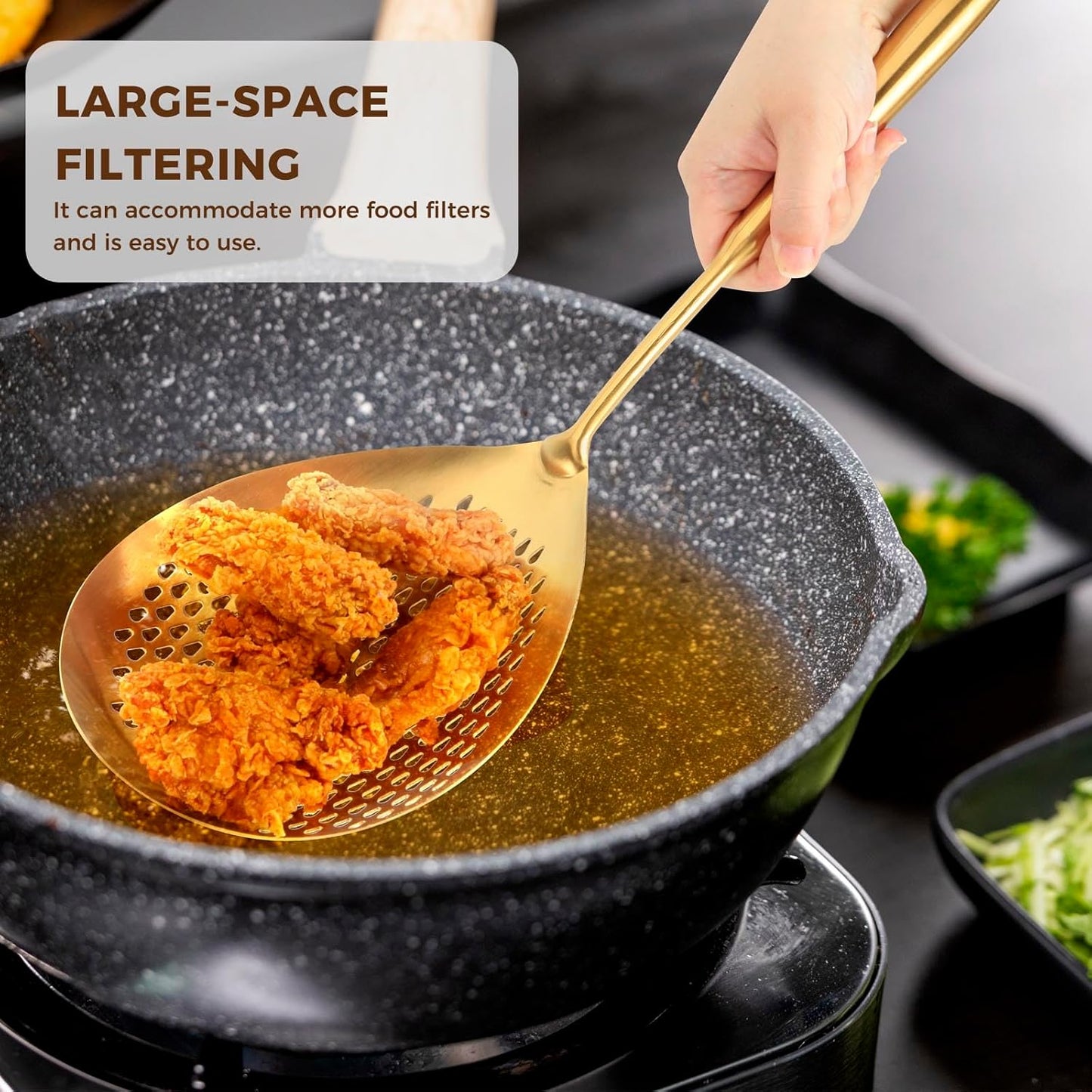 Snailhouse Slotted Skimmer Spoon, Stainless Steel Pasta Noodle Fryer Spider Strainer Scoop Ladle Spoon with Handle for Cooking Frying, Gold