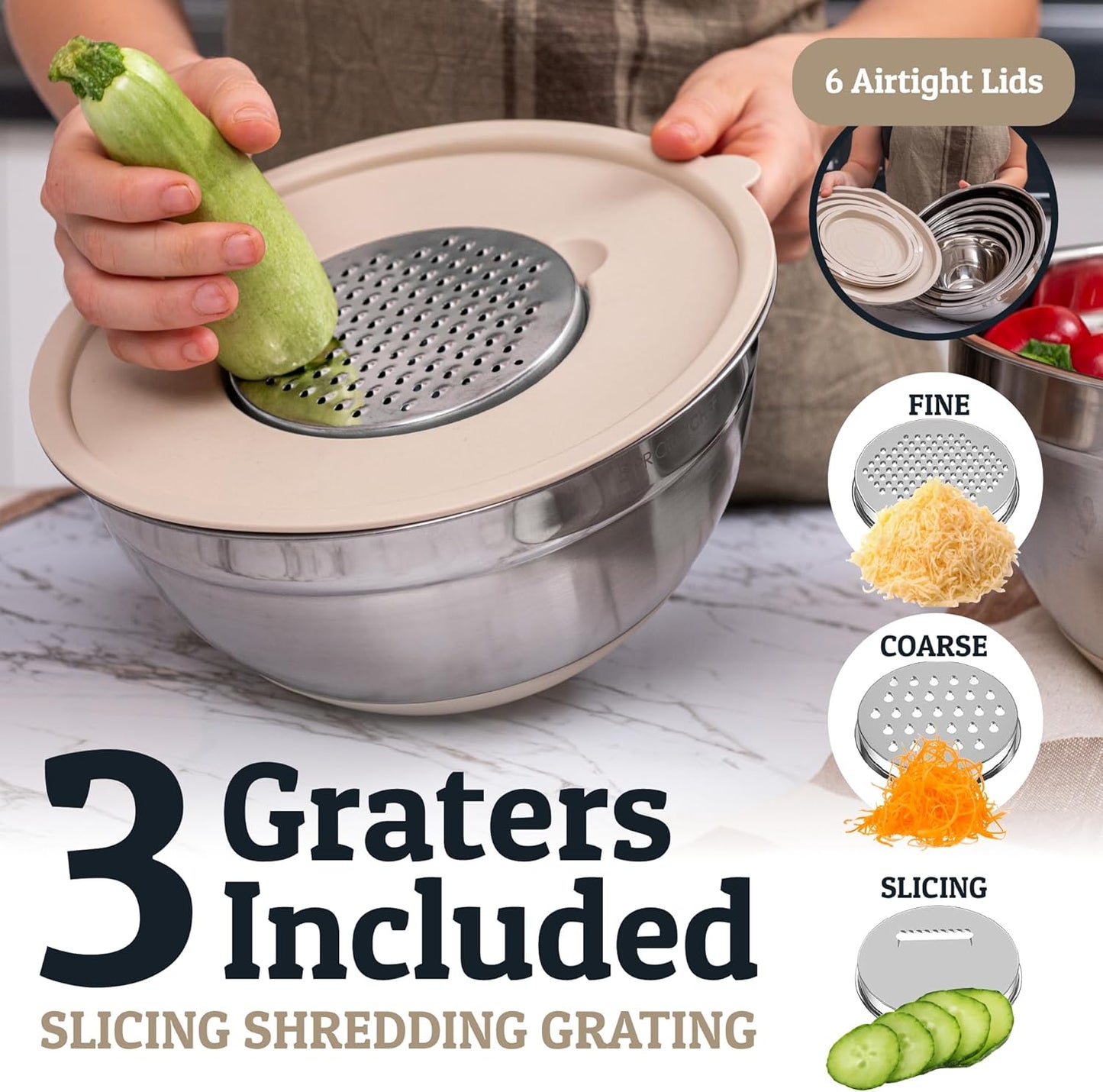 Priority Chef 6Pc Large Mixing Bowls With Lids Set with Non-Slip Bases, Stainless Steel Mixing Bowl Set, 6 Airtight Lids and 3 Graters, Turquoise