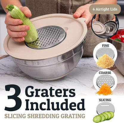 Priority Chef 6Pc Large Mixing Bowls With Lids Set with Non-Slip Bases, Stainless Steel Mixing Bowl Set, 6 Airtight Lids and 3 Graters, Turquoise