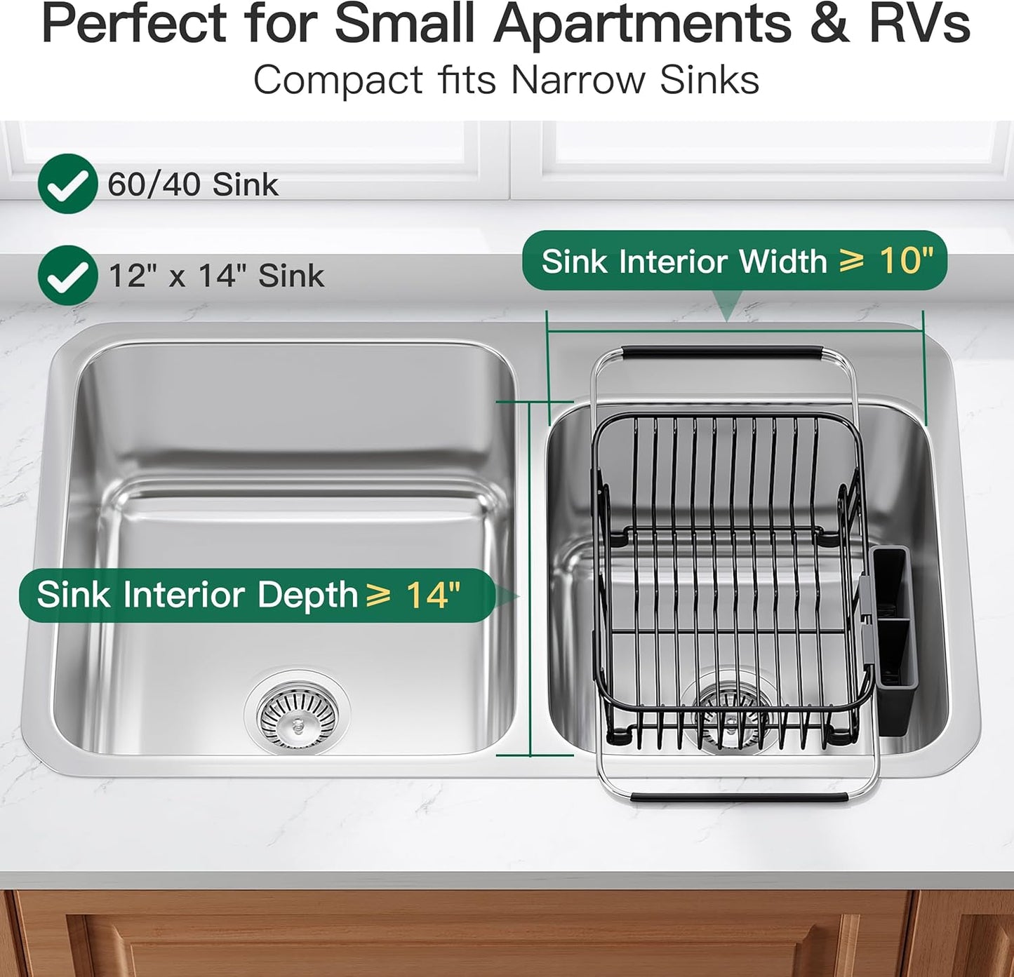 JASIWAY Roll Up Dish Drying Rack, Expandable (12.8"-23.8" D x 12.8" W) Stainless Steel Portable Drainer for Kitchen Sink Counter, Foldable Over The Sink Cover with Removable Utensil Holder