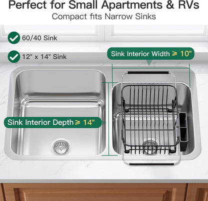 JASIWAY Roll Up Dish Drying Rack, Expandable (12.8"-23.8" D x 12.8" W) Stainless Steel Portable Drainer for Kitchen Sink Counter, Foldable Over The Sink Cover with Removable Utensil Holder