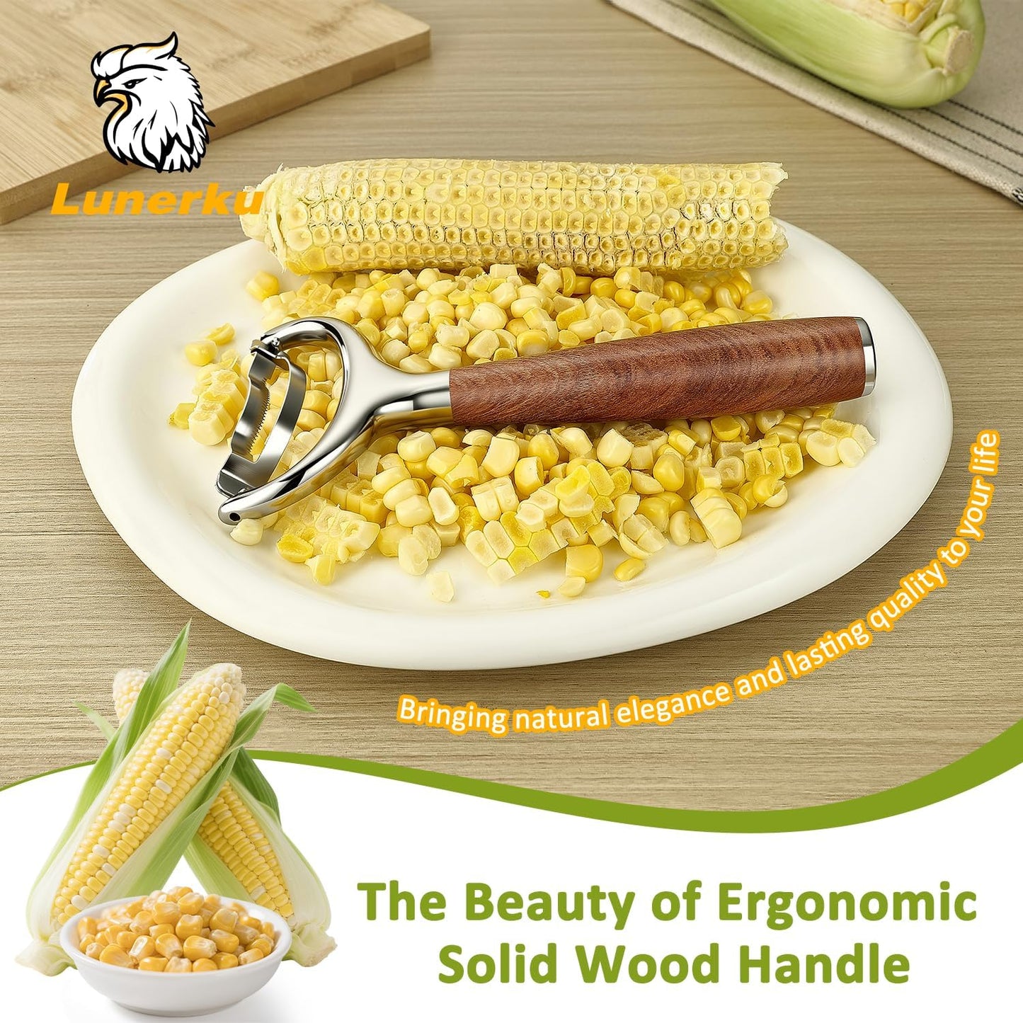 Stainless Steel Corn Peeler, Durable Corn on the Cob Stripper Tool with Solid Wood Good Grip Handle for Salad Polenta Pizza Popcorn Cooking Gifts for Woman Her Mom Birthday (Exotic Ebony)