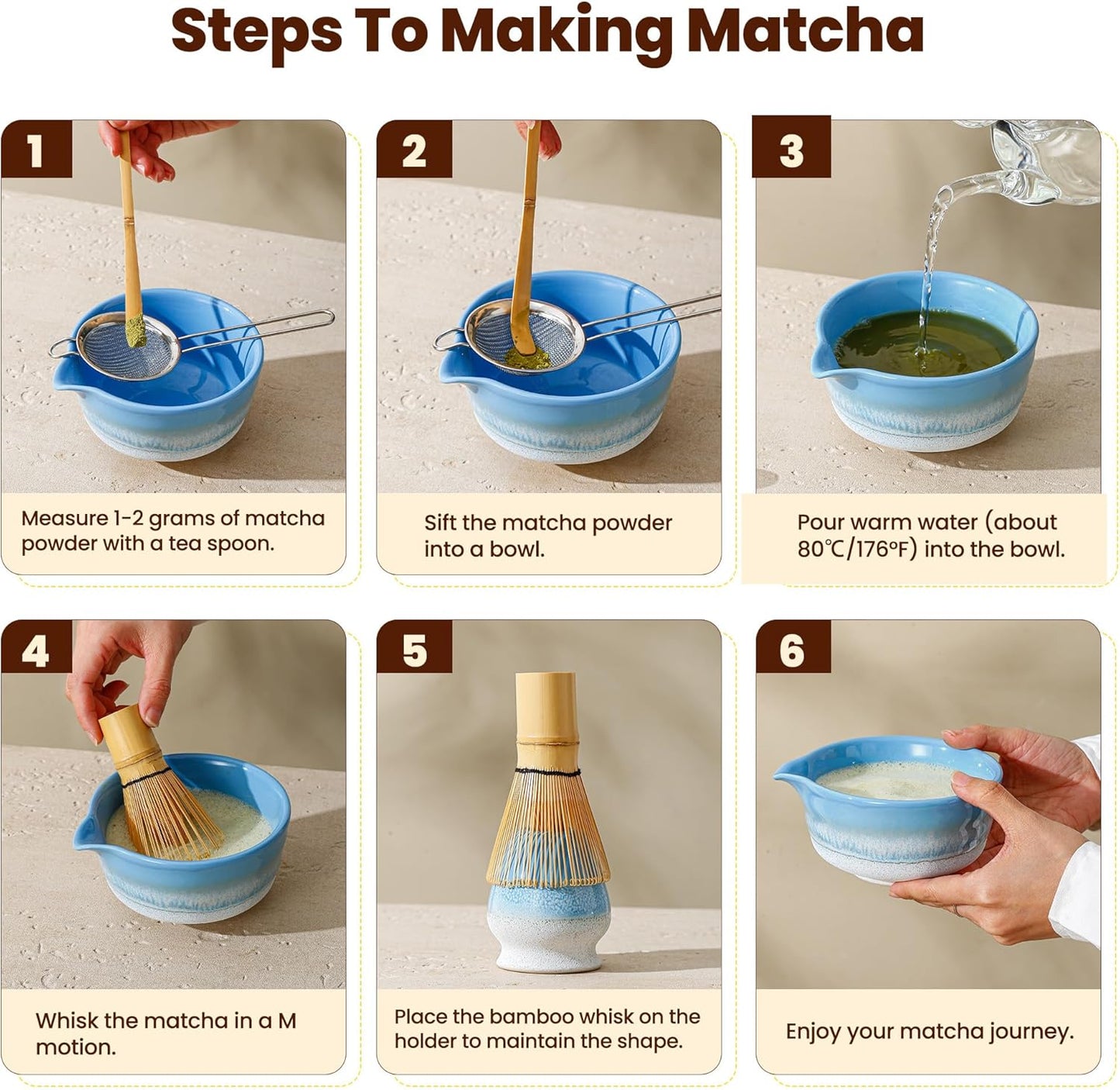 Matcha Whisk Set, Ceramic Matcha Kit Desert Style, Matcha Whisk and Bowl, Bamboo Scoop and Rest, Sifter and Tea Towel, 7 Pcs Gifts for Matcha Lover - Matte Black
