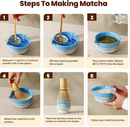 Matcha Whisk Set, Ceramic Matcha Kit Desert Style, Matcha Whisk and Bowl, Bamboo Scoop and Rest, Sifter and Tea Towel, 7 Pcs Gifts for Matcha Lover - Matte Black
