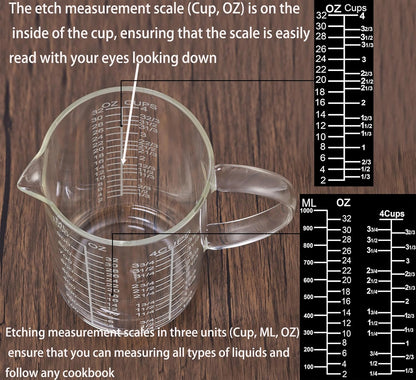 Ackers Etched Graduated Glass Measuring Cup - [Insulated Handle | V-Shaped Spout] - High Borosilicate Glass Measuring Cup for Kitchen or Dining, Easy to Read, 500 ML (16 Oz, 2 Cup)