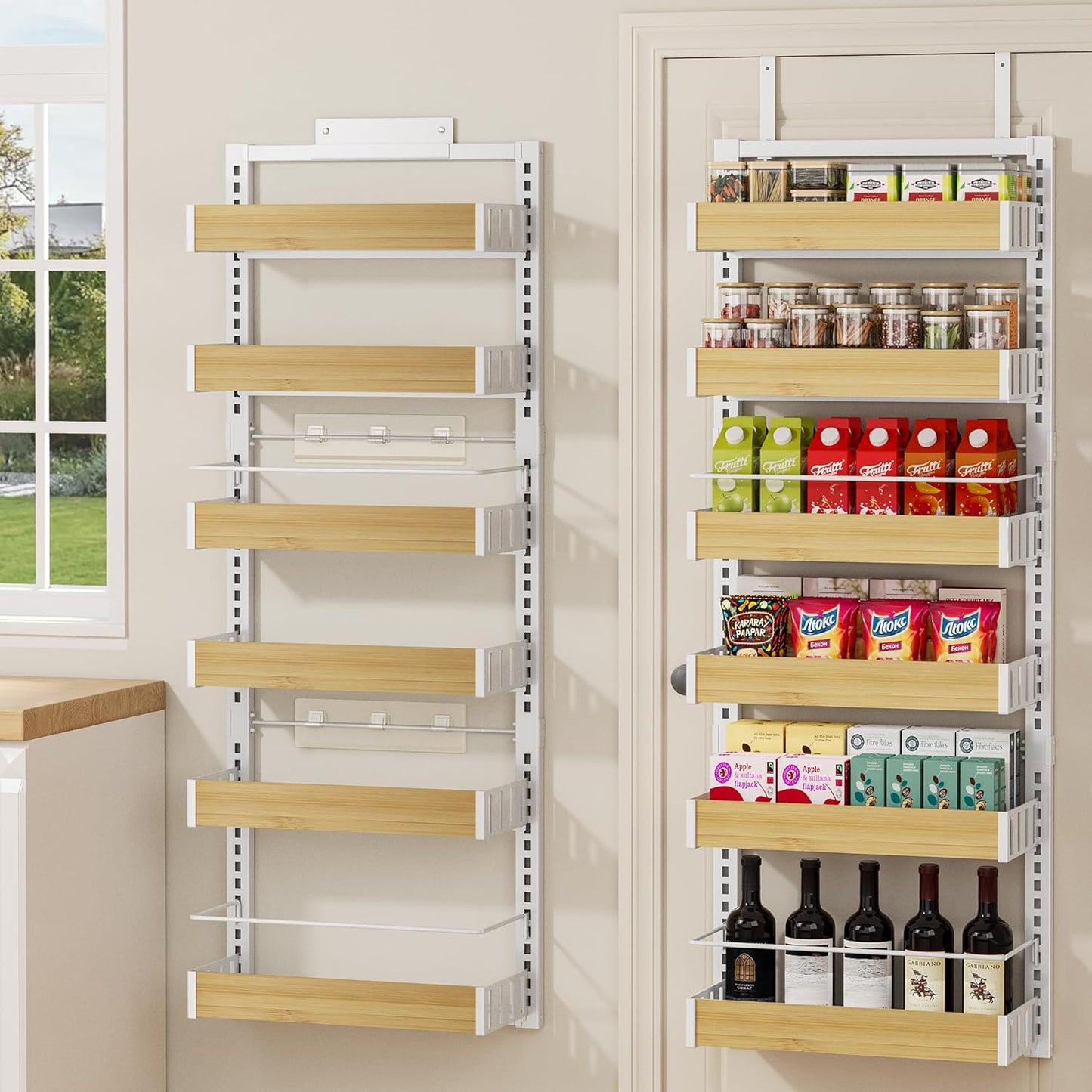 POKIPO 8 Tier Over The Door Pantry Organizer, 2 IN 1 Wall Mount or Hanging Spice Rack Seasoning Shelves with Adjustable Basket, Back of Door Organizer and Storage for Kitchen Cabinet and Room Closet
