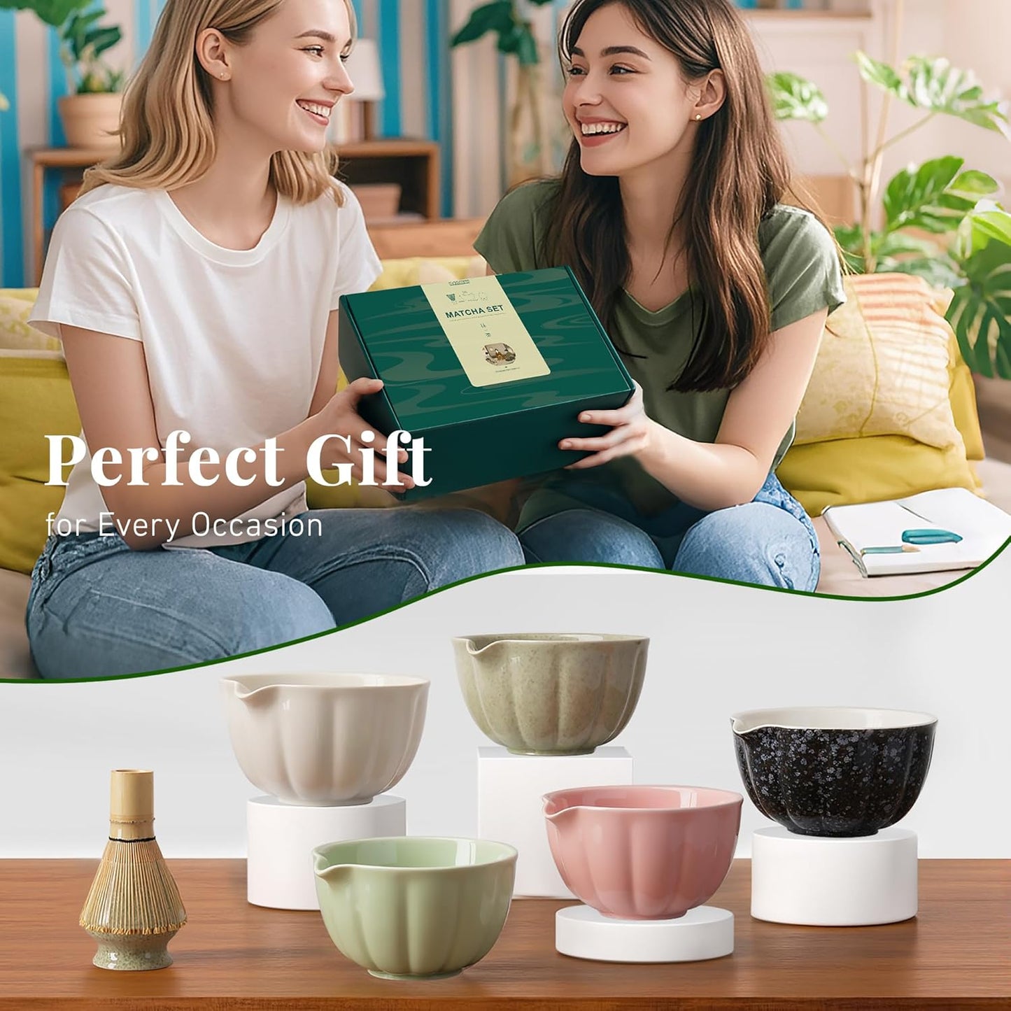Renmxj Matcha Whisk Set,7 PCS Ceramic Matcha Kit Includes Matcha Bowl with Spout, Matcha Whisk and Holder, Bamboo Scoop, Stainless Sifter, Tea Towel, Unique Gift for Matcha Lovers (Pink)