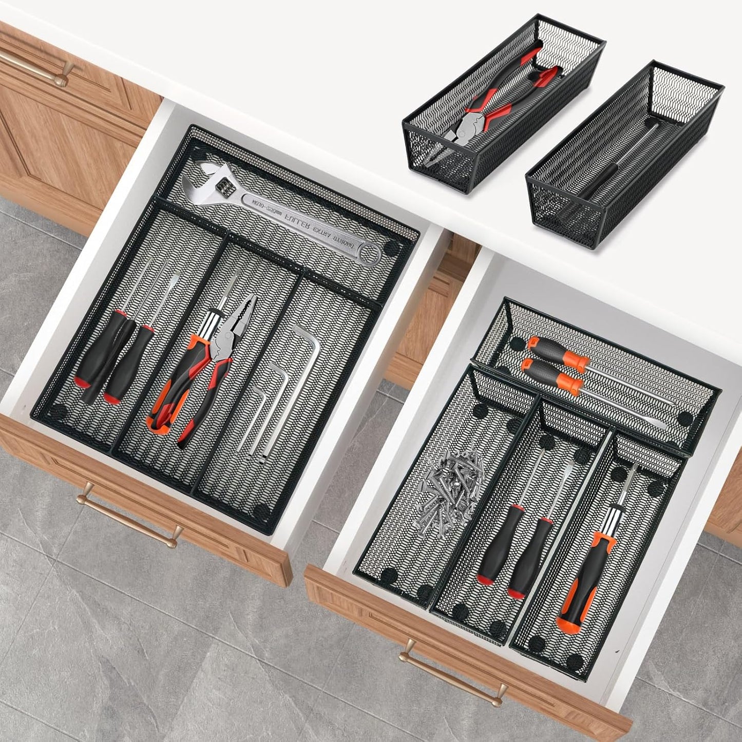 Neudeco Silverware Drawer Organizer - 5 Compartment Cutlery Tray with Non-Slip Feet, Mesh Wire Flatware Storage Divider for Kitchen, Bedroom, Living Room (Silver)