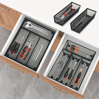 Neudeco Silverware Drawer Organizer - 5 Compartment Cutlery Tray with Non-Slip Feet, Mesh Wire Flatware Storage Divider for Kitchen, Bedroom, Living Room (Silver)