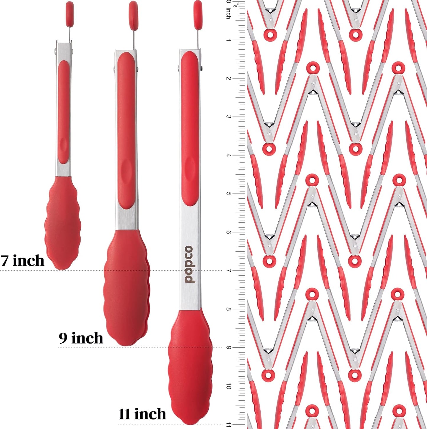 Popco 3 Piece Kitchen Tongs Set 7, 9, 12 Inch - Stainless Steel Nonstick Tongs with Silicone Tips - Heat Resistant and Dishwasher Safe for Cooking, Grilling, Salad, and Everyday Serving
