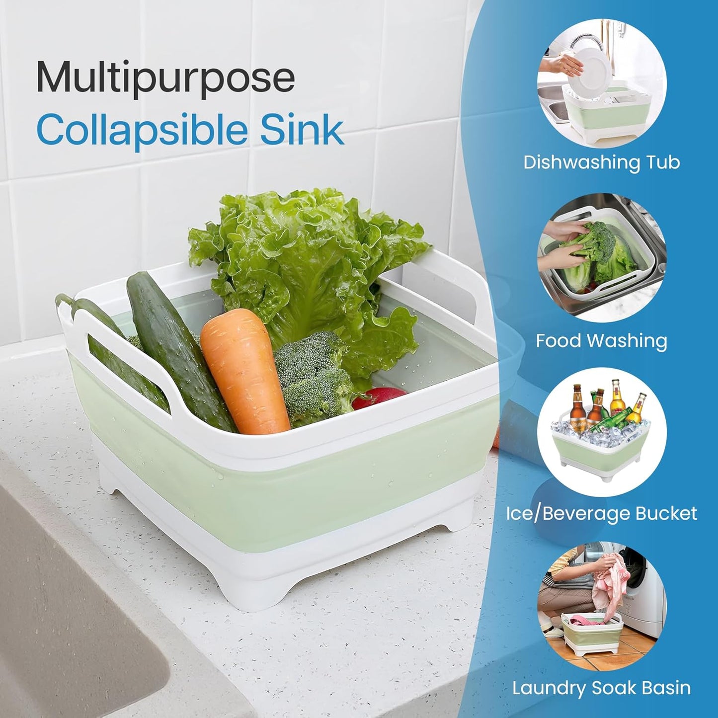 EZuraa 2.4 gal(9L) Gray Collapsible Dish Basin, Portable Sink or Dish Pan for Kitchen Sink with Drain Plug/Strainer, Space Saving Baby Bottle Wash Basin Collapsible Bucket, Beverage Tub for Camping