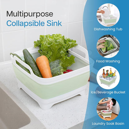 EZuraa 2.4 gal(9L) Gray Collapsible Dish Basin, Portable Sink or Dish Pan for Kitchen Sink with Drain Plug/Strainer, Space Saving Baby Bottle Wash Basin Collapsible Bucket, Beverage Tub for Camping