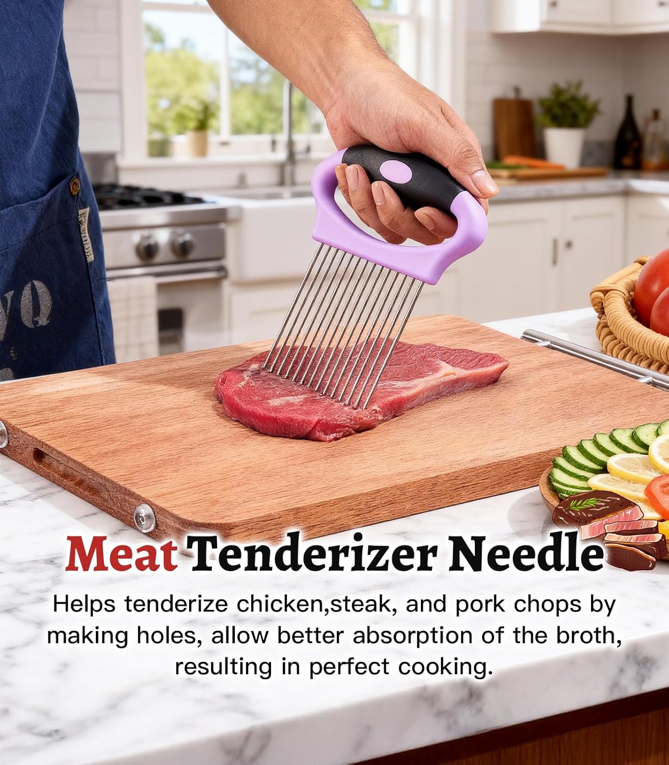 Large Onion Slicer Holder, Stainless Steel Onion Holder for Slicing, Onion Cutter Vegetable Chopper with 14 Sharp Needles for Slicing of Tomato Avocados & Meat Tenderizer, Kitchen Gadgets for Cooking