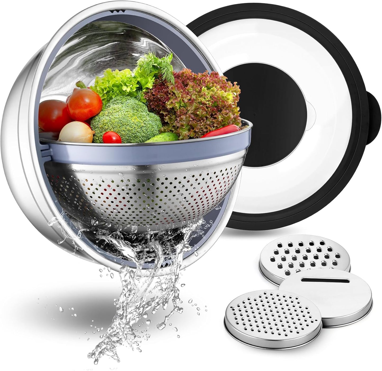 P&P CHEF 4-In-1 Stainless Steel Colander with Bowl Set, Rotatable Strainers for Kitchen, Fruit Cleaner, Washing Fruit & Draining Pasta, Mixing Bowl and Lid with Grater for Salad, Khaki