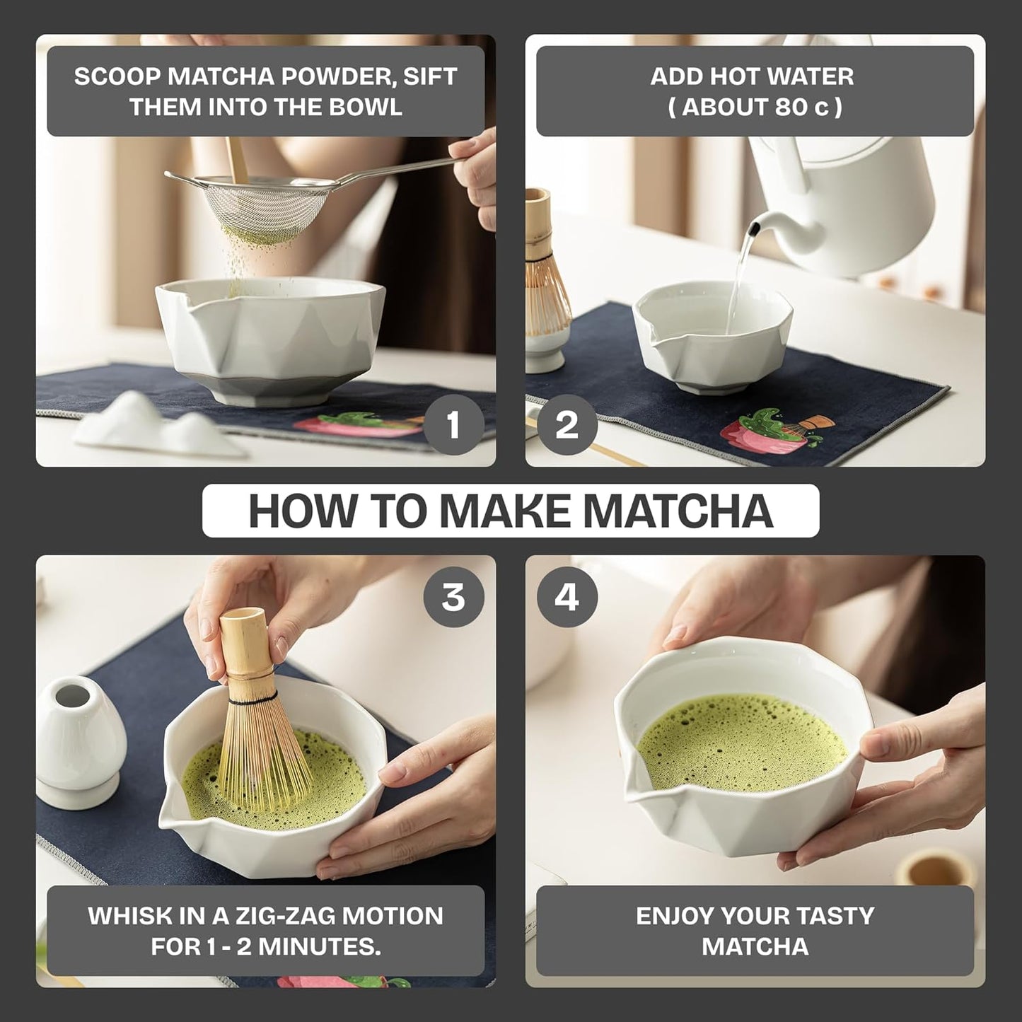 8-Piece Matcha Whisk Set with Bowl, Bamboo Matcha Whisk, Whisk Holder, Scoop & Sifter, Traditional Matcha Kit for Ceremonial Matcha Tea & Lattes, Green